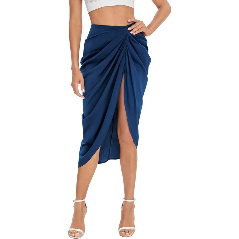 Split Thigh Fold Pleated Asymmetrical High Waist Midi Ruched Skirt Sz S